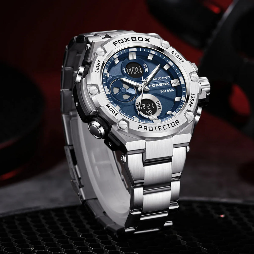 Men's double display luminous electronic quartz steel watch, 17mm thick, in black gold or silver colour