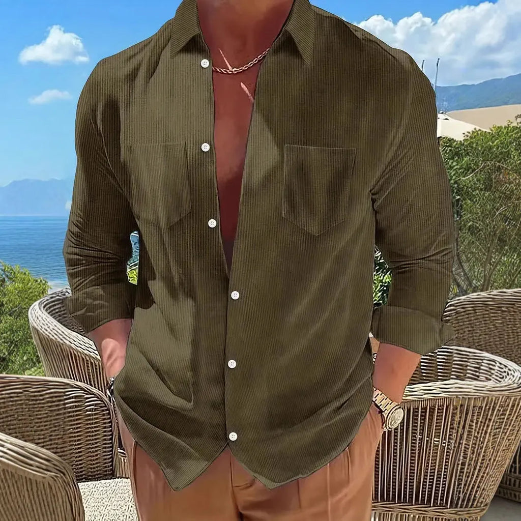 Vertical striped long sleeve corduroy shirt in loose cardigan style, available in seven colours and sizes S to 3XL.
