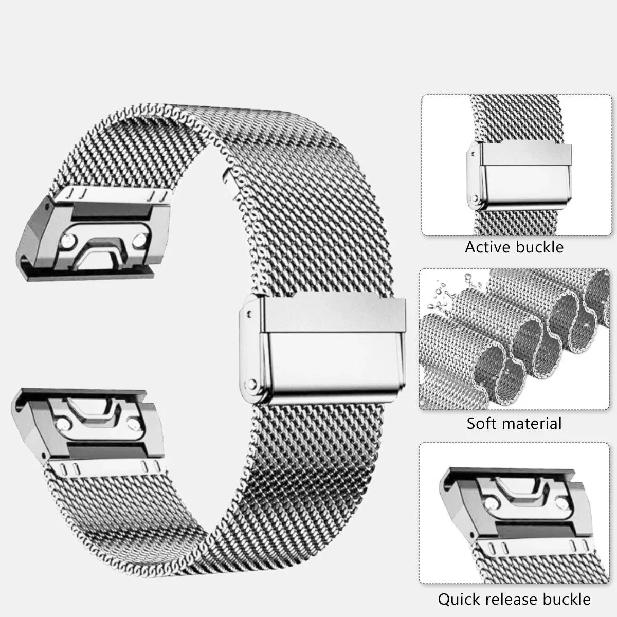 Simple stainless steel card-style strap for Garmin Fenix watches in silver, black, gold, and rose gold.
