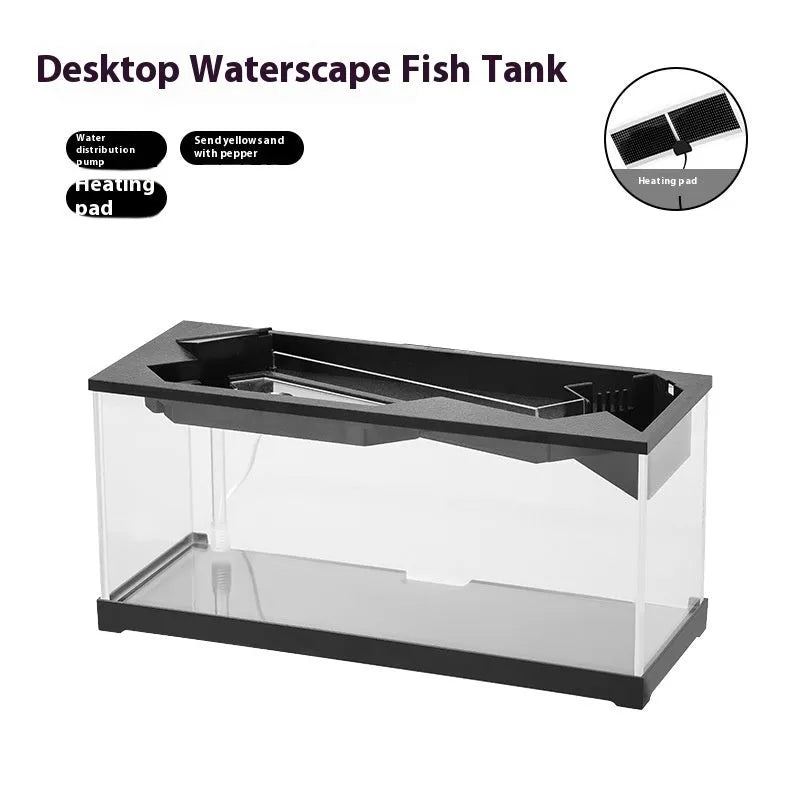 Small acrylic integrated lazy aquarium with circular filter, built-in lamp, external light, and heating mat for desktop use