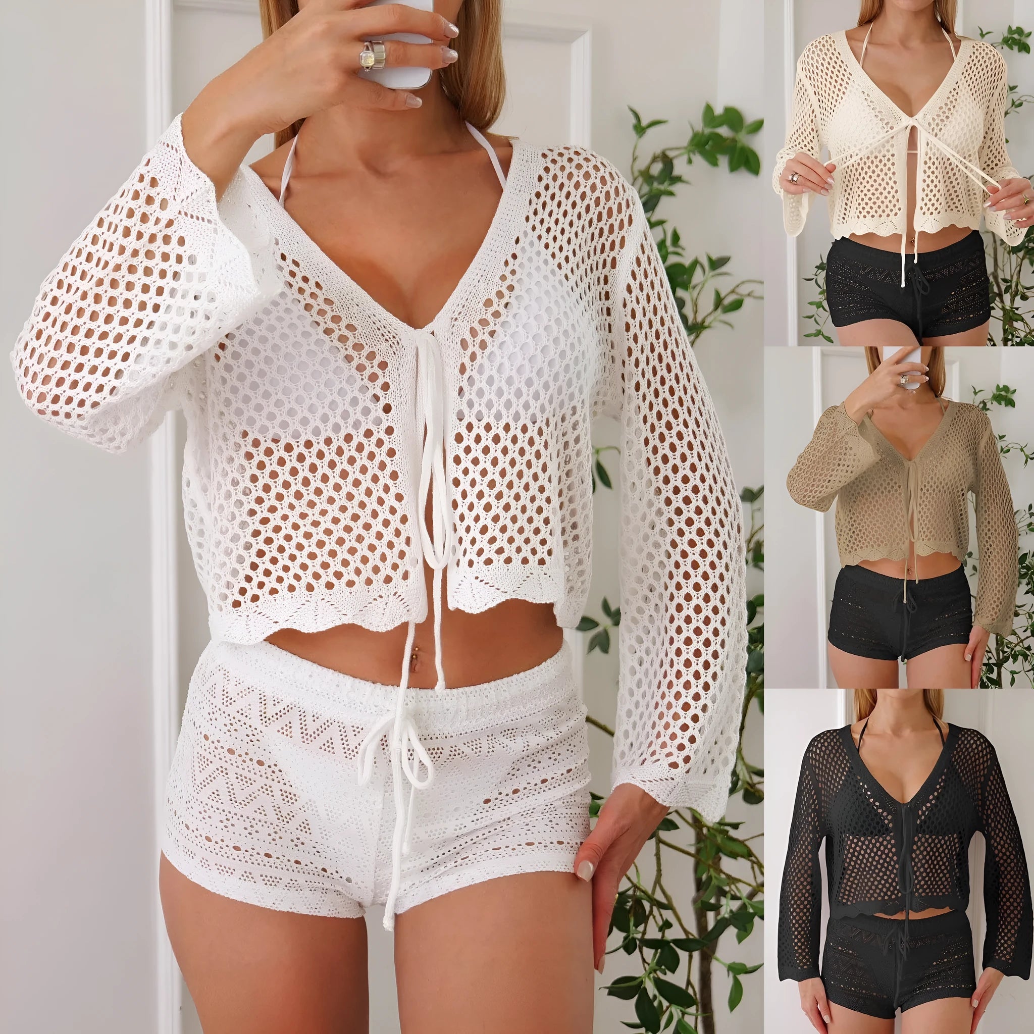 Short apricot hollow woven women's cardigan blouse with bell sleeves laid flat.