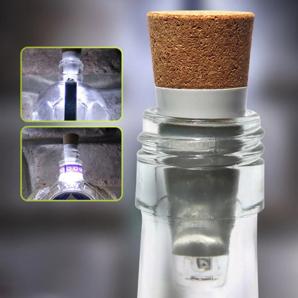White plastic LED bottle cap light with 15 LEDs, shown on a glass bottle neck.