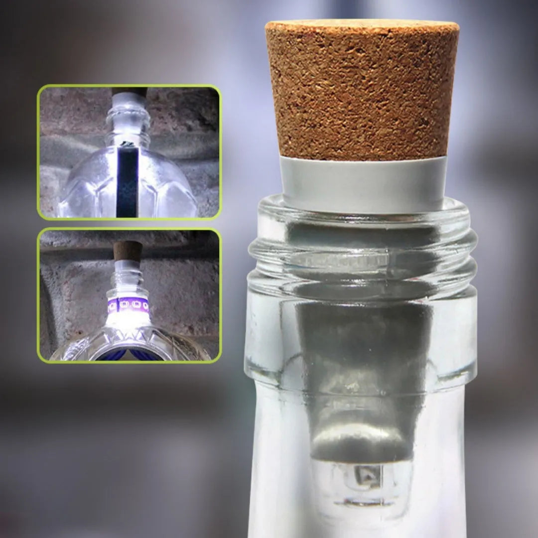 White plastic LED bottle cap light with 15 LEDs, shown on a glass bottle neck.