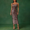 Leopard print sleeveless tube top long dress with strappy sling neckline, one-step skirt, polyester, sizes S M L