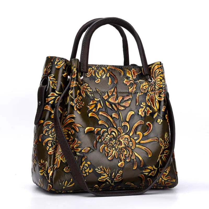Trendy women's three-dimensional embossed first layer cowhide messenger bag with floral pattern in brown