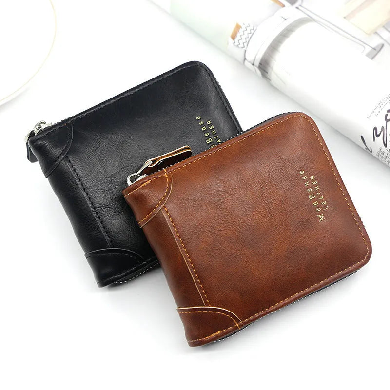 Men's short PU leather wallet with zipper coin purse, synthetic leather lining, available in black, dark brown or light brown