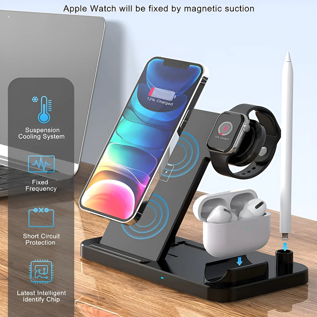 Black four-in-one wireless phone charger with QC3.0 fast charging head on desk