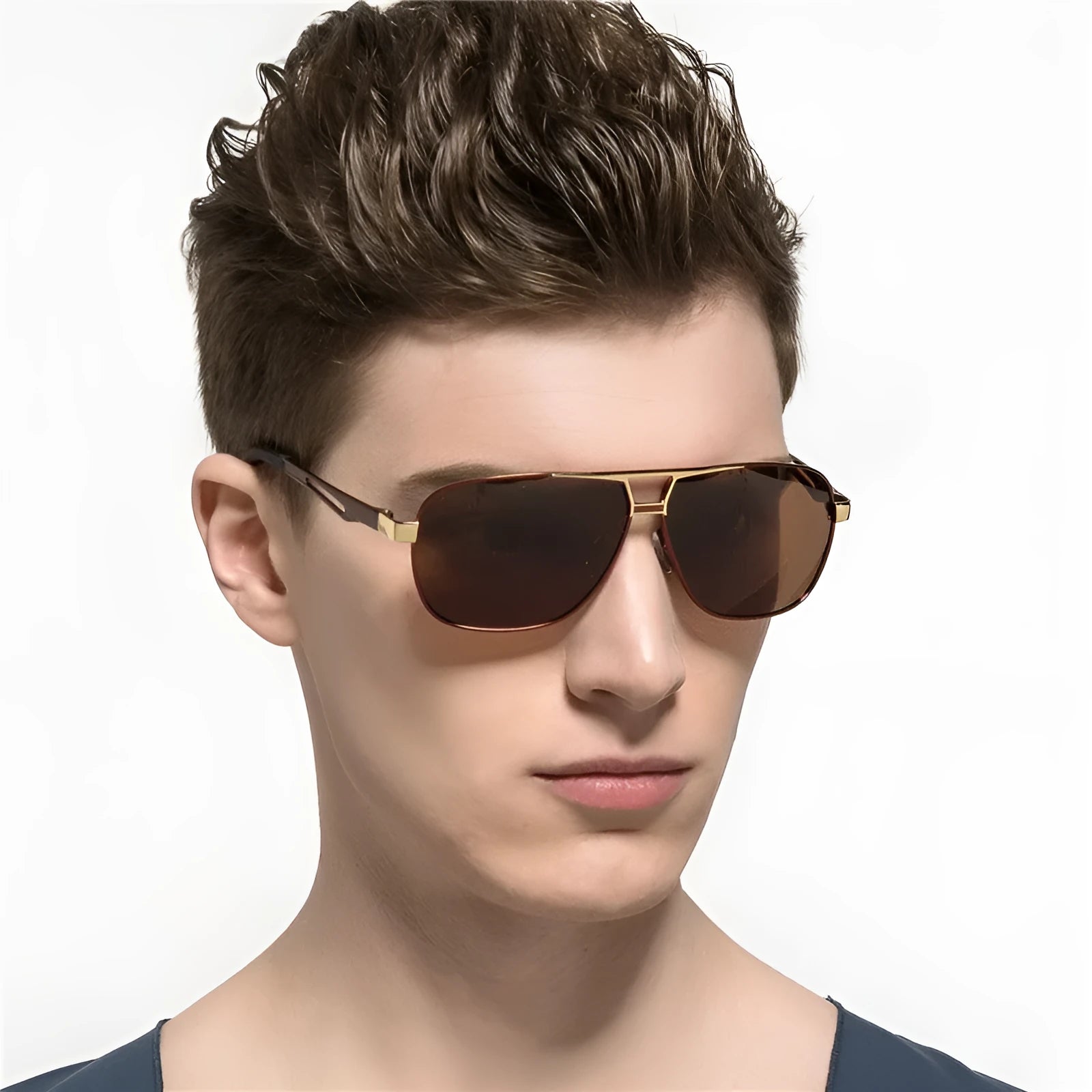 Men's orange red metal aviator sunglasses with polarised TAC lenses on a grey background