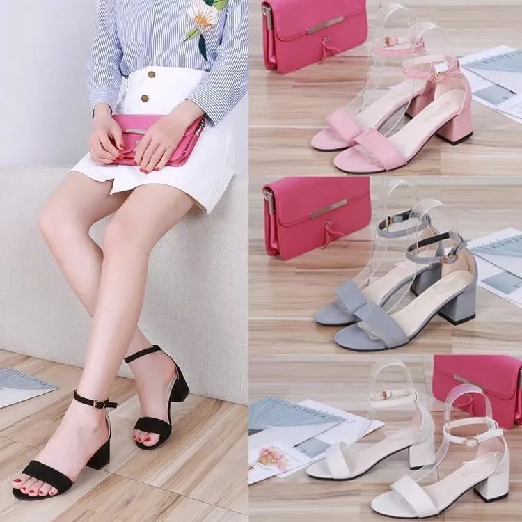 Ladies suede casual sandals with thick heel, fish mouth toe, and buckle fastening, available in black, beige, grey, and pink.