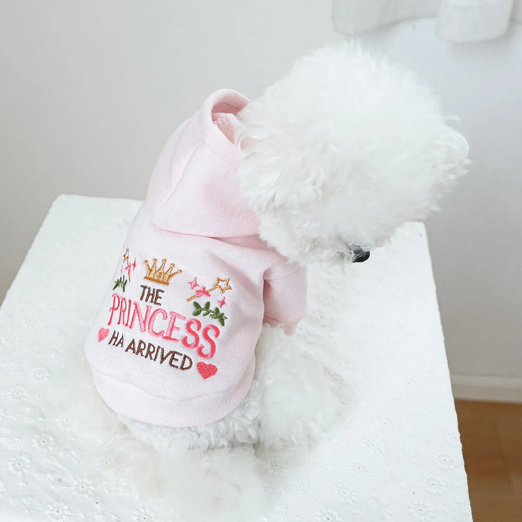 Hooded princess style pet sweater for small dogs and cats in polyester material