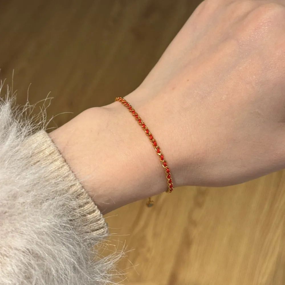Women's 925 sterling silver bracelet with gold electroplating and red rope lucky charm, simple geometric style