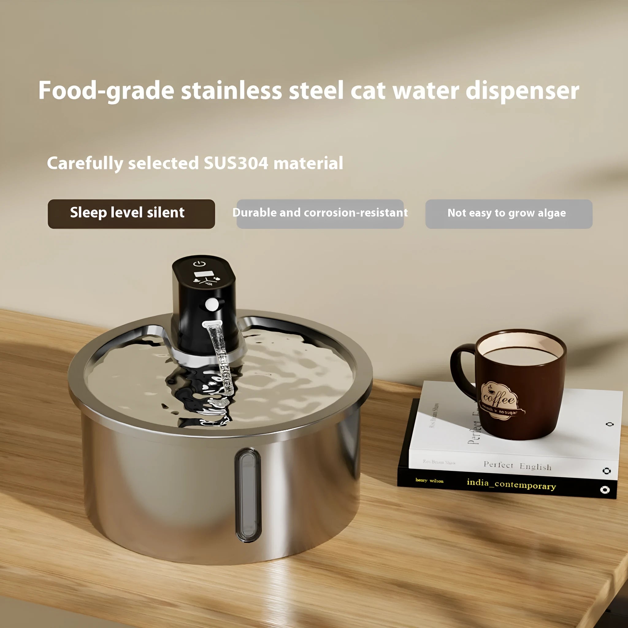 White ceramic pet water fountain with stainless steel dish and digital temperature control display.