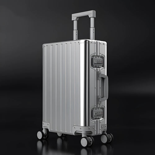 Aluminium magnesium alloy striped luggage suitcase in metallic blue colour showing hard-shell construction