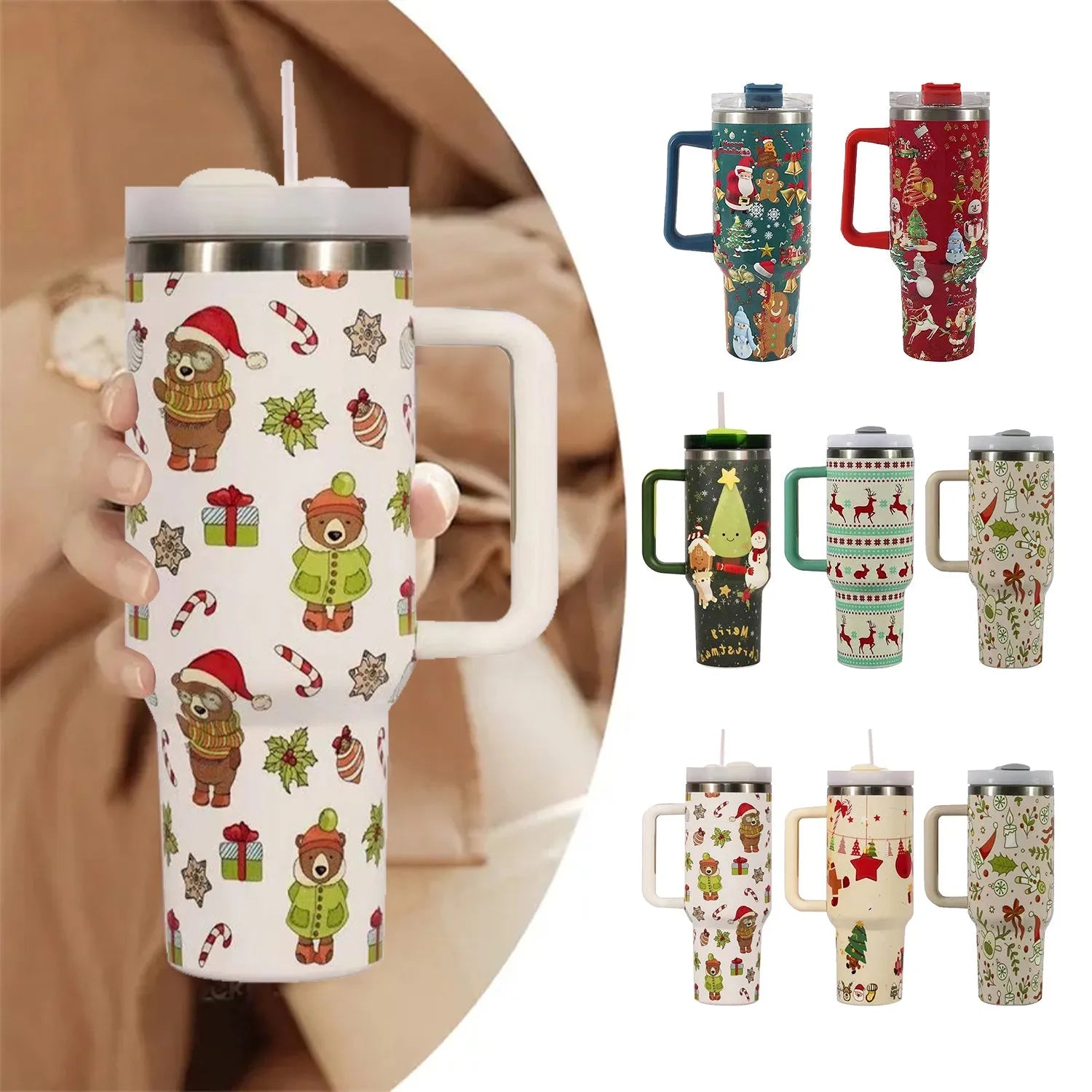 Christmas pattern stainless steel vacuum tumbler with handle and straw, 1200ml capacity