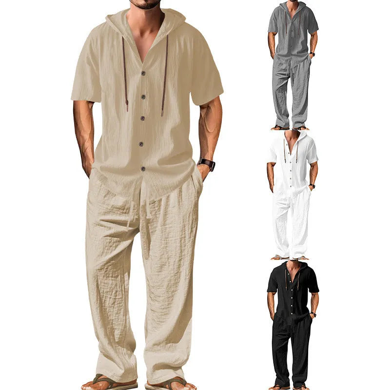 Men's cotton casual sports suit in black with long sleeves and full-length trousers