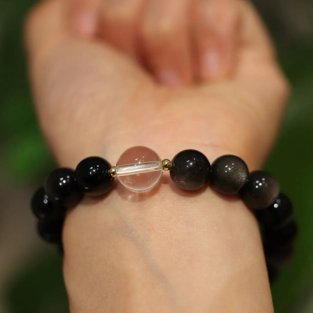 White cat eye obsidian crystal bracelet with Chinese geometric design and auspicious patterns