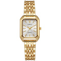 Simple square women's watch with alloy strap, quartz movement, and silver case on a white background
