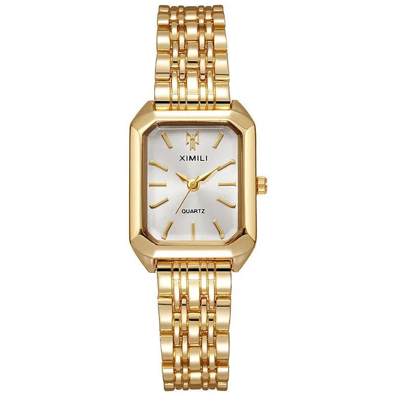 Simple square women's watch with alloy strap, quartz movement, and silver case on a white background