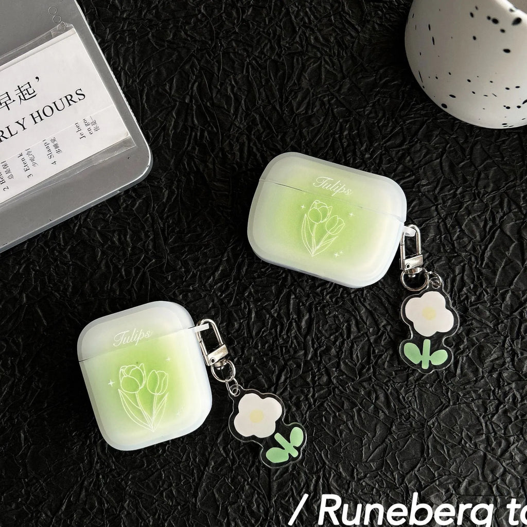 Transparent green TPU earphone sleeve with embossed cartoon tulip design for Apple AirPods