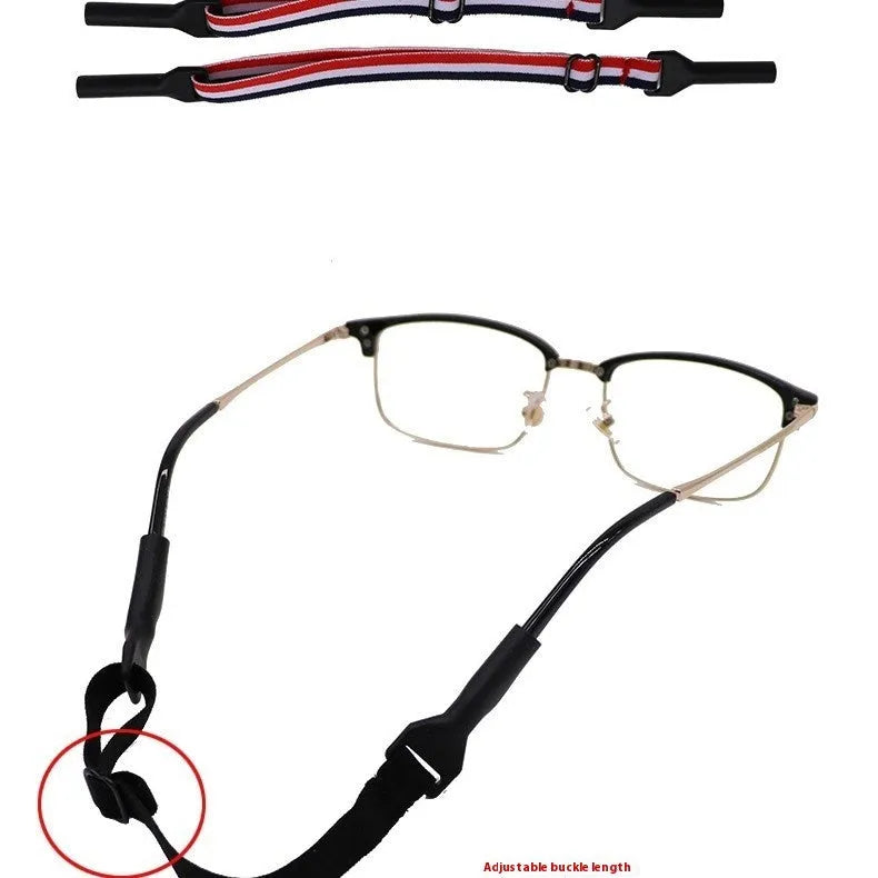Black adjustable glasses cord with silicone earpiece tips for anti-slip eyewear retention