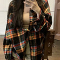 Women's loose fit retro plaid cotton shirt in black, green, and purple colour options.