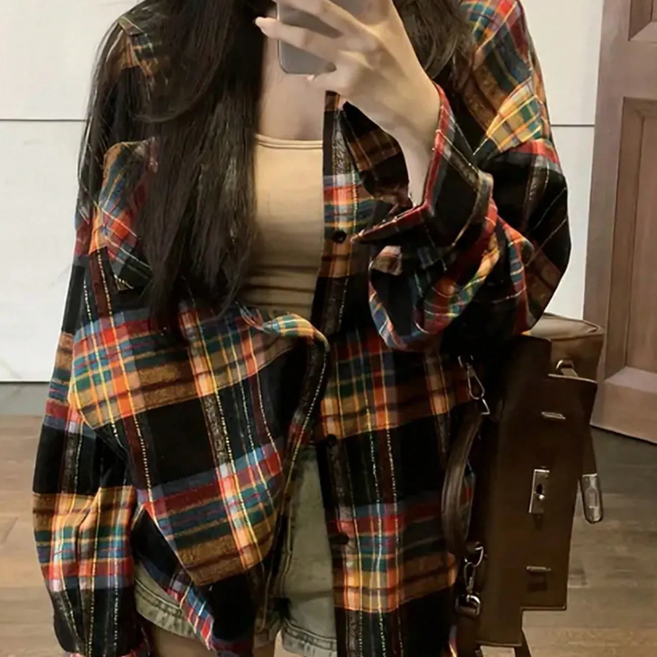 Women's loose fit retro plaid cotton shirt in black, green, and purple colour options.