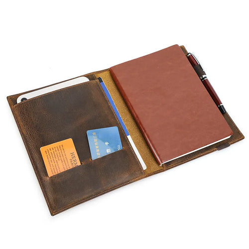 Brown crazy horse leather A5 notebook protective sleeve with square shape and socket closure
