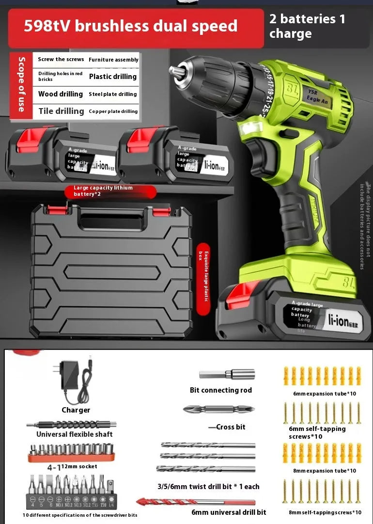 21V brushless impact drill with 300W power, 10mm chuck, and 150 Nm torque for wood, steel, and concrete