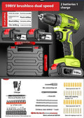 21V brushless impact drill with 300W power, 10mm chuck, and 150 Nm torque for wood, steel, and concrete