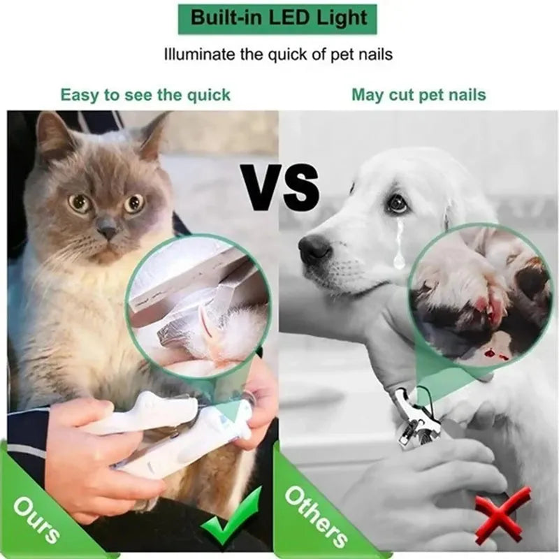 Pet nail clipper with LED light, stainless steel blades, nail file, nail collector and non-slip handle in white, pink, green or yellow