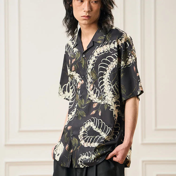 Short sleeve shirt with snake bone and flower pattern, Cuban collar, loose fit, in available colours.