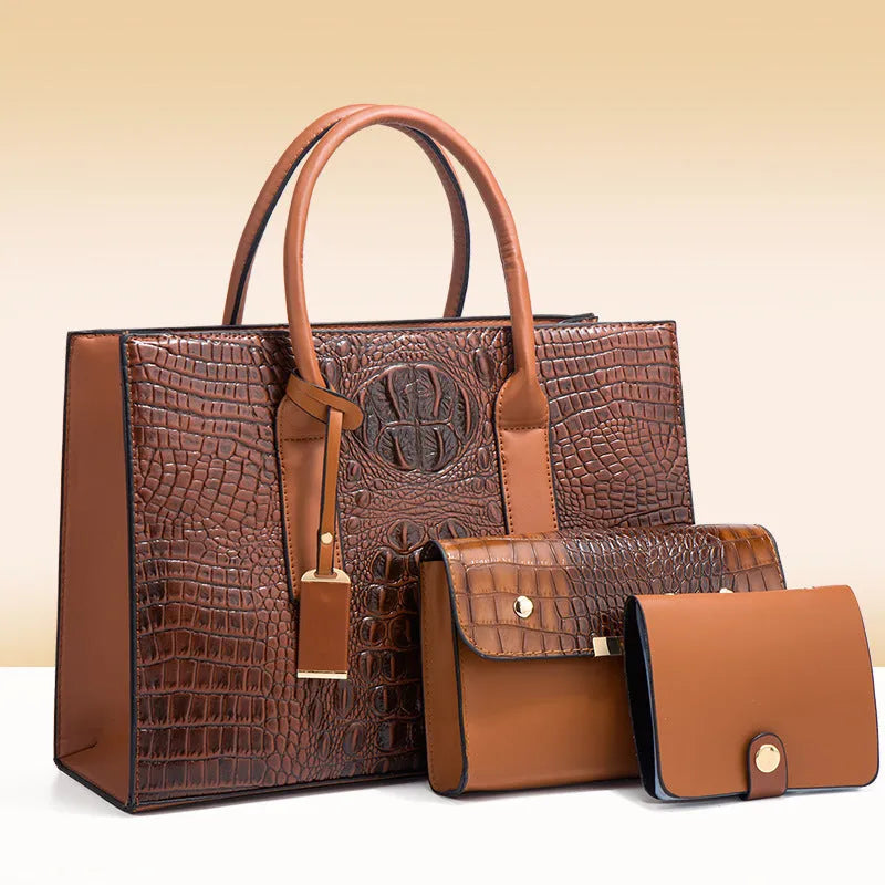 Women's three-piece PU leather handbag set with crocodile pattern in four colour options