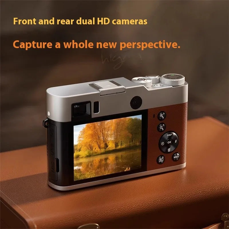 5K HD digital camera with dual cameras and optical viewfinder in black or brown colour