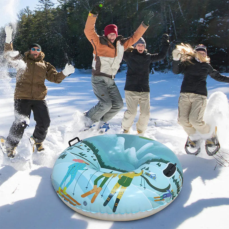 A colourful printed PVC plastic ski ring toy on a winter background.