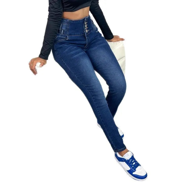 Women's dark blue straight-leg denim jeans with button detail and zipper closure