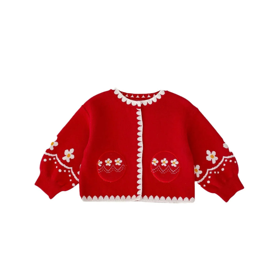 Girls cotton flower jacquard knitted cardigan in single colour, long sleeves, mid-length spring top