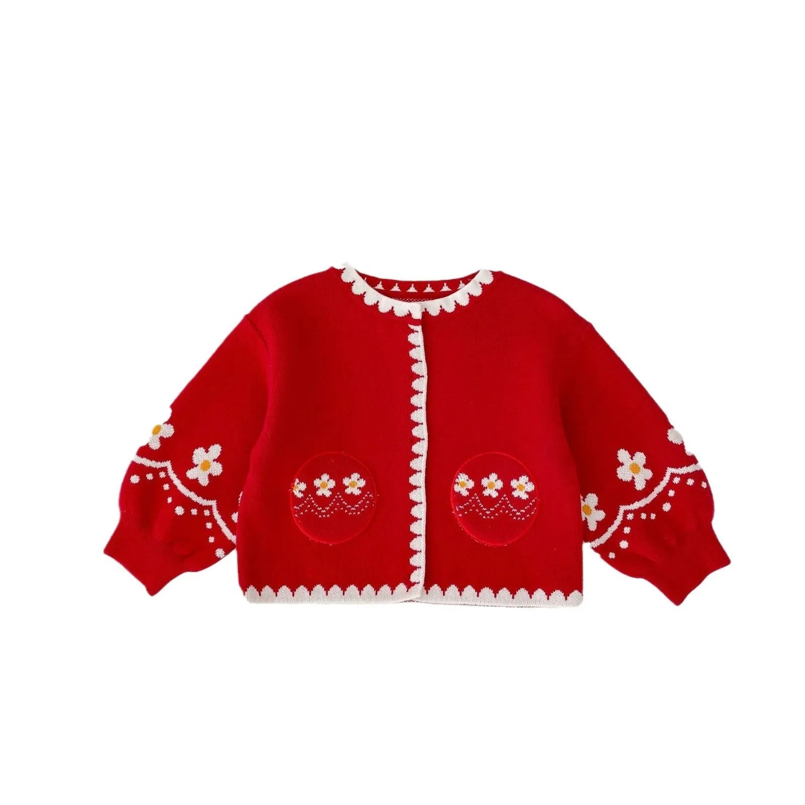 Girls cotton flower jacquard knitted cardigan in single colour, long sleeves, mid-length spring top