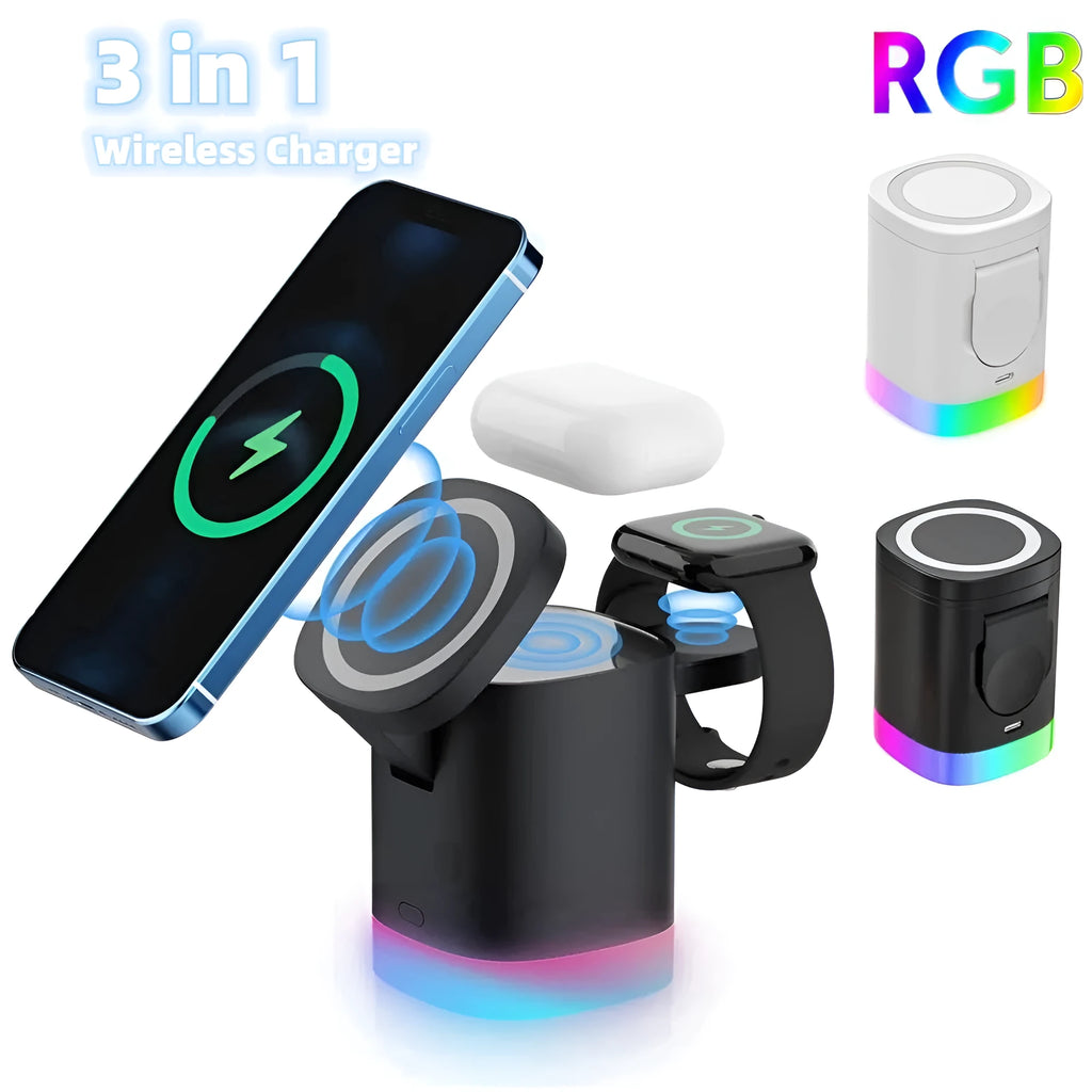 Black foldable 3-in-1 magnetic wireless charging station for iPhone, Apple Watch, and AirPods.