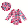 Baby girl one-piece swimsuit with matching hat in pink, polypropylene fibre fabric, size 12-18M