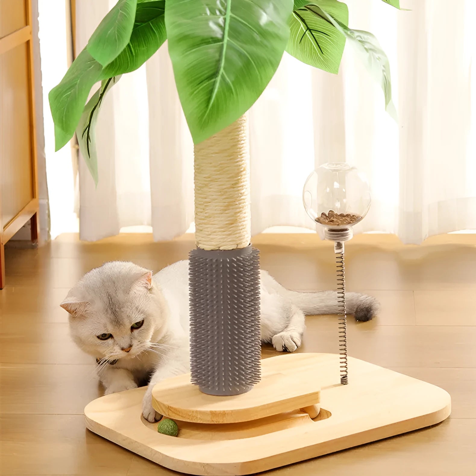 Vertical wooden cat scratching post with sisal rope column and a treat ball in the chamfered top