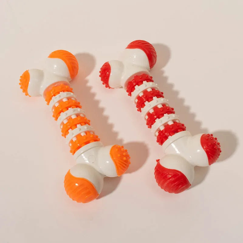 Blue, orange, and red bone-shaped interactive chew and treat toy for small breed dogs.