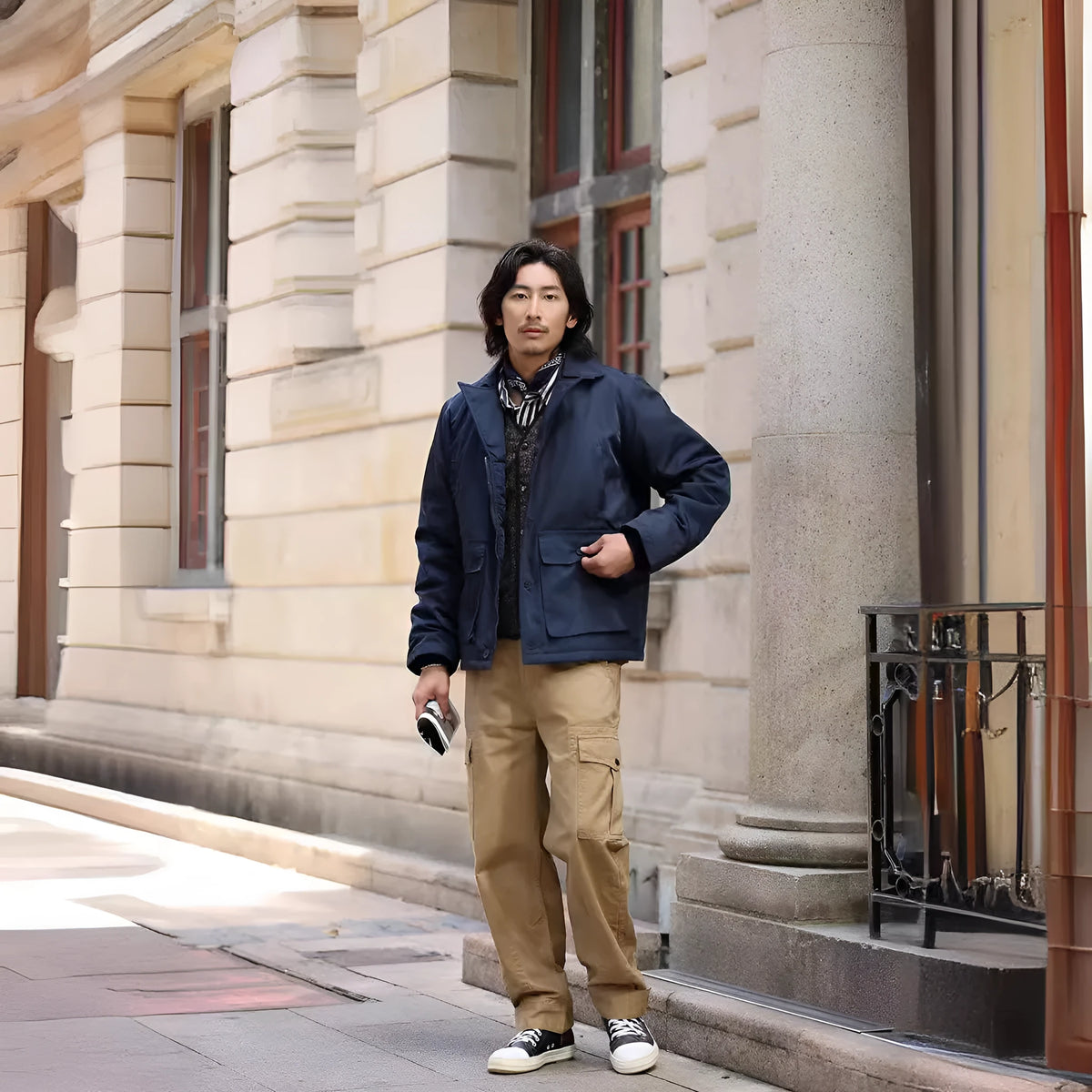 Men's extra thick wool cotton-padded jacket in Army Green, Dark Blue, or Khaki, nylon outer, sizes S-XXL