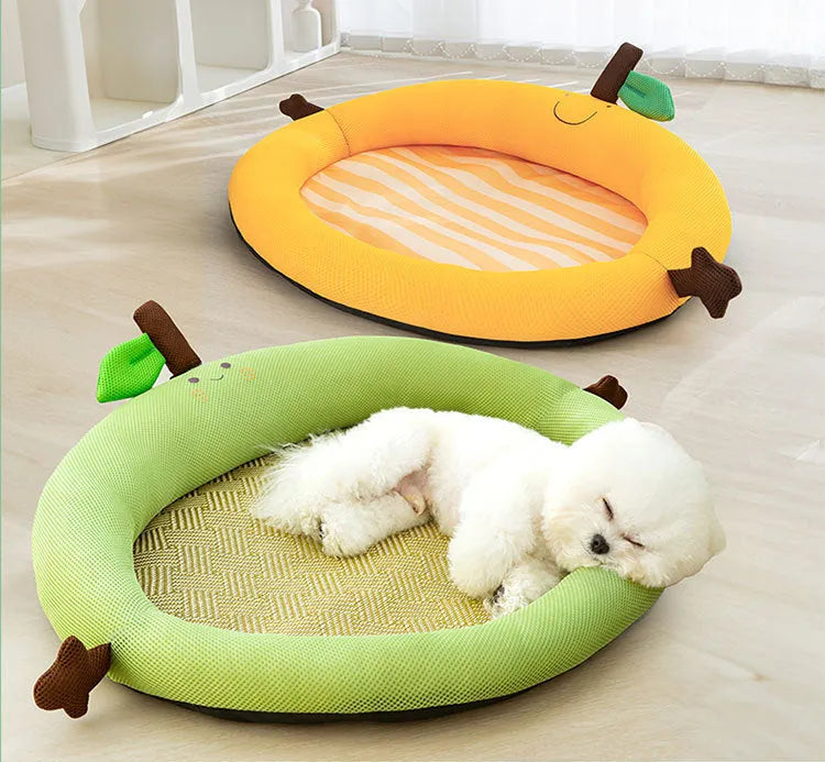 Green fruit-pattern pet cooling mat with backrest nest for dogs and cats in size L.