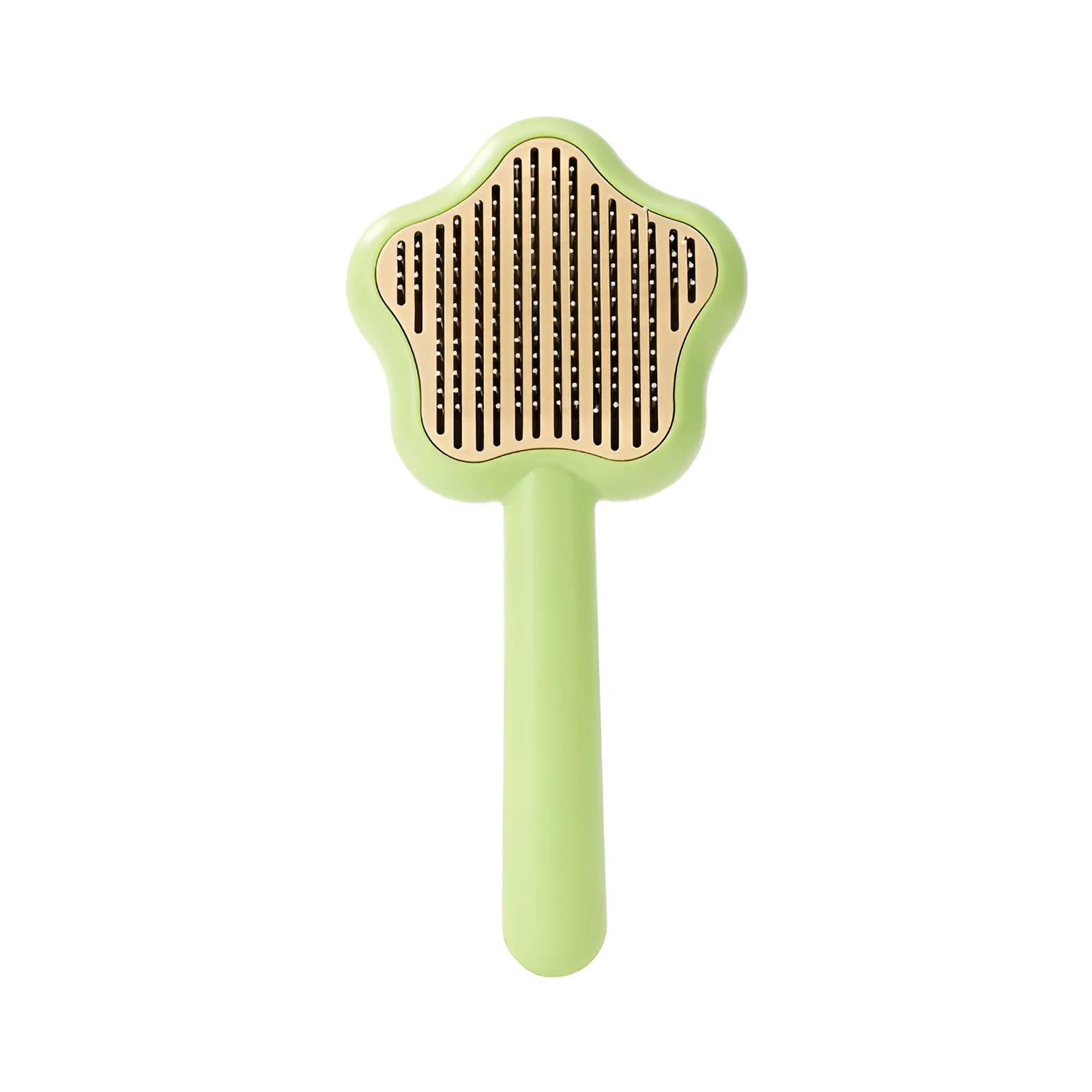 Green self-cleaning stainless steel magic wand cat comb on a white background.