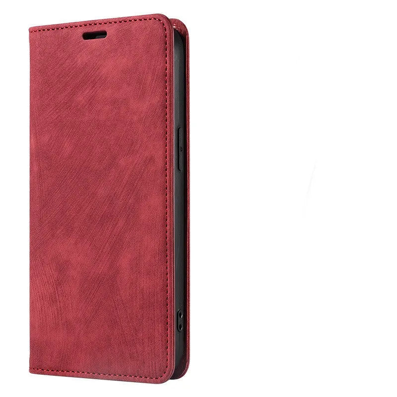 Magnetic flip phone case for iPhone shown closed, displaying the leather front cover and magnetic closure in grey.