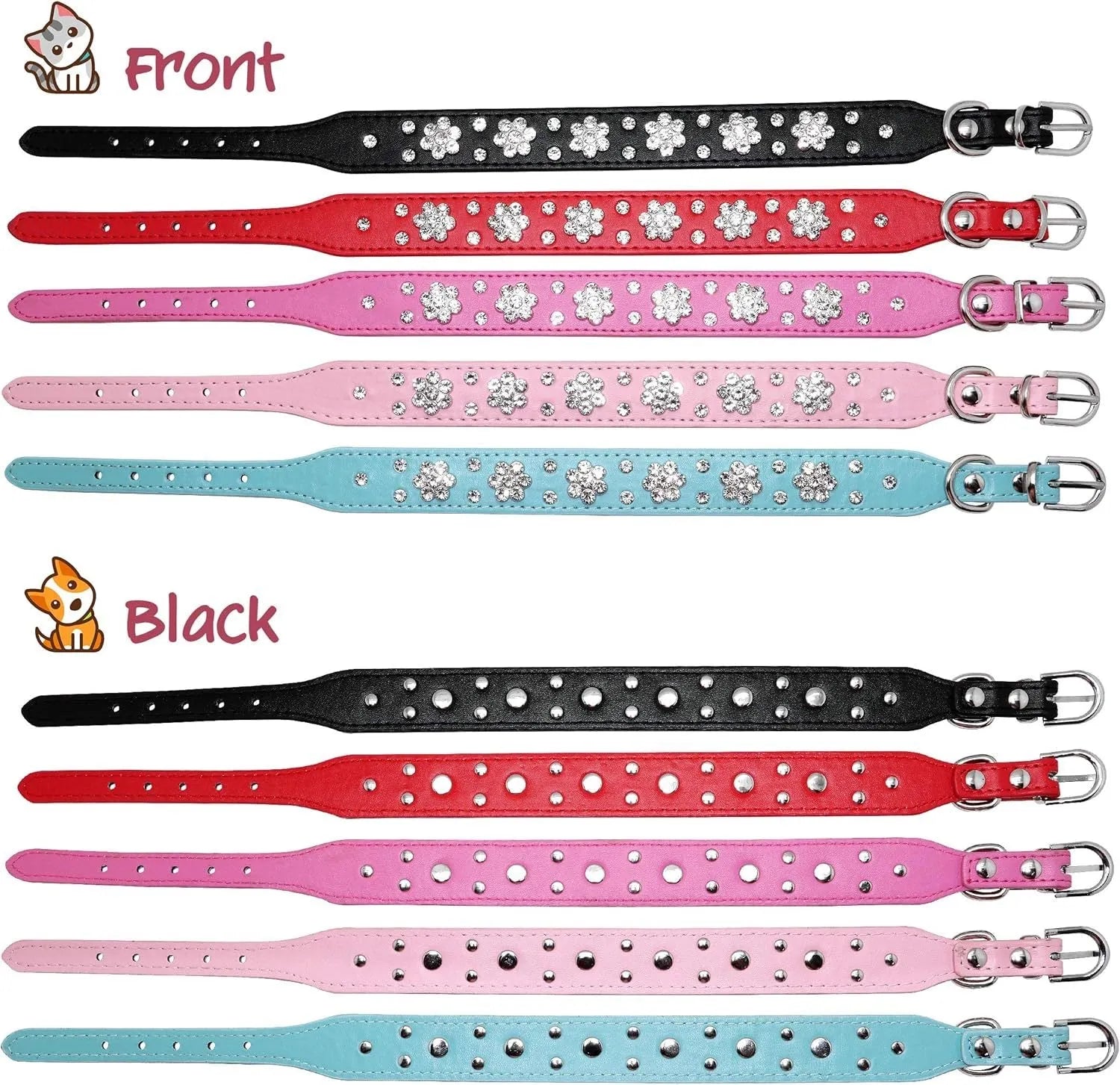 Black PU leather dog collar with sparkling rhinestone flower studs and a metal D-ring.