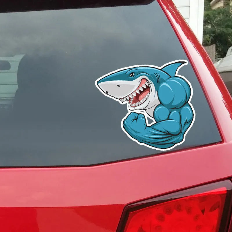 Bodybuilding shark 3D cartoon PVC car sticker, 15x14cm, reflective or non-reflective, single pack