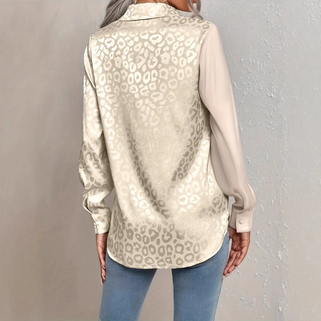 Women's leopard print long-sleeved double shirt in champagne, polyester fabric, sizes S to XL