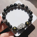 Natural silver stone bracelet for men with engraved zodiac symbols and beaded design