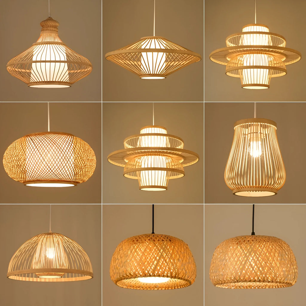 Bamboo lantern chandelier 40x40cm with spotlight, modern Chinese style, Wax Gourd Style, for restaurant ceiling